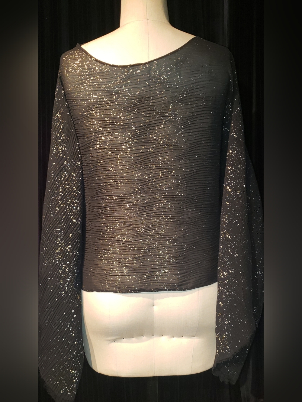 Sample Black Sheer Gold Splatter Foil Huge Long Kimono Sleeve Top